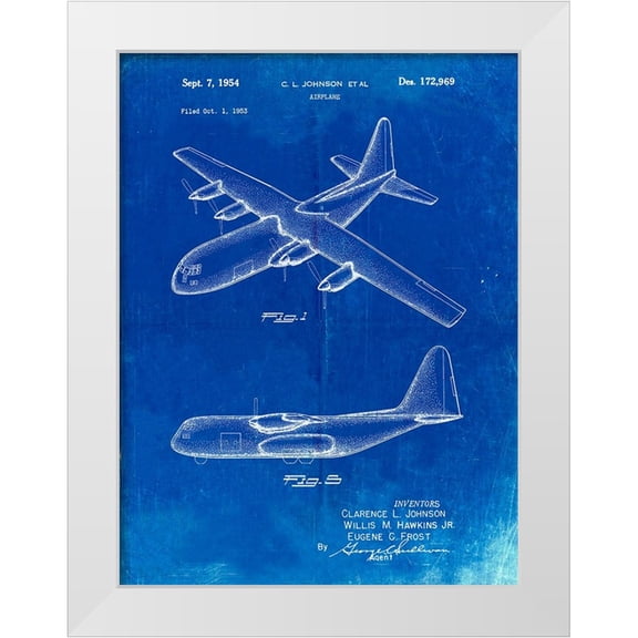 Borders, Cole 25x32 White Modern Wood Framed Museum Art Print Titled - PP943-Faded Blueprint Lockheed C-130 Hercules Airplane Patent Poster