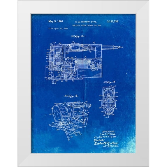 Borders, Cole 25x32 White Modern Wood Framed Museum Art Print Titled - PP957-Faded Blueprint Milwaukee Portable Jig Saw Patent Poster