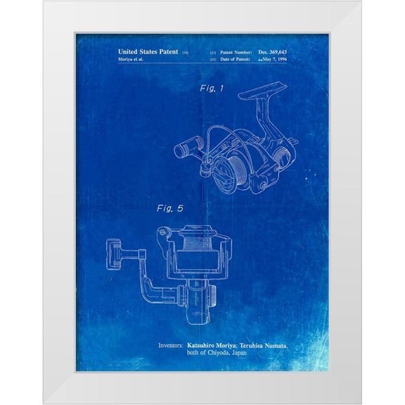 Borders, Cole 25x32 White Modern Wood Framed Museum Art Print Titled - PP973-Faded Blueprint Open Face Spinning Fishing Reel Patent Poster
