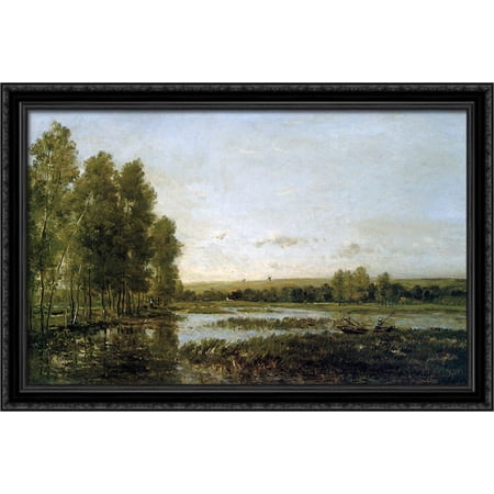 Bords de reviere Sun 40x26 Large Black Ornate Wood Framed Canvas Art by Charles-Francois Daubigny