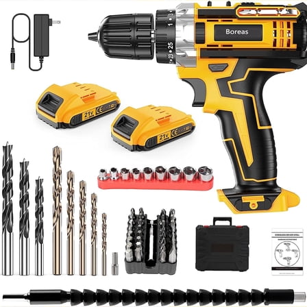 DEISNGB 21V Cordless Drill, 59Pcs Power Drill Set with 3/8 Inch Keyless Chuck, 25 1 Clutch Electric Drill with Work Light, Max torque 45Nm, 2-Variable Speed & 2 Battery and Fast Charger