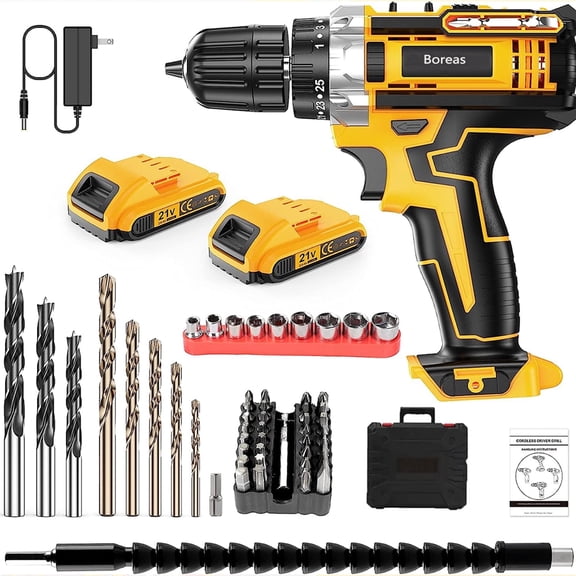 DEISNGB 21V Cordless Drill, 59Pcs Power Drill Set with 3/8 Inch Keyless Chuck, 25 1 Clutch Electric Drill with Work Light, Max torque 45Nm, 2-Variable Speed & 2 Battery and Fast Charger