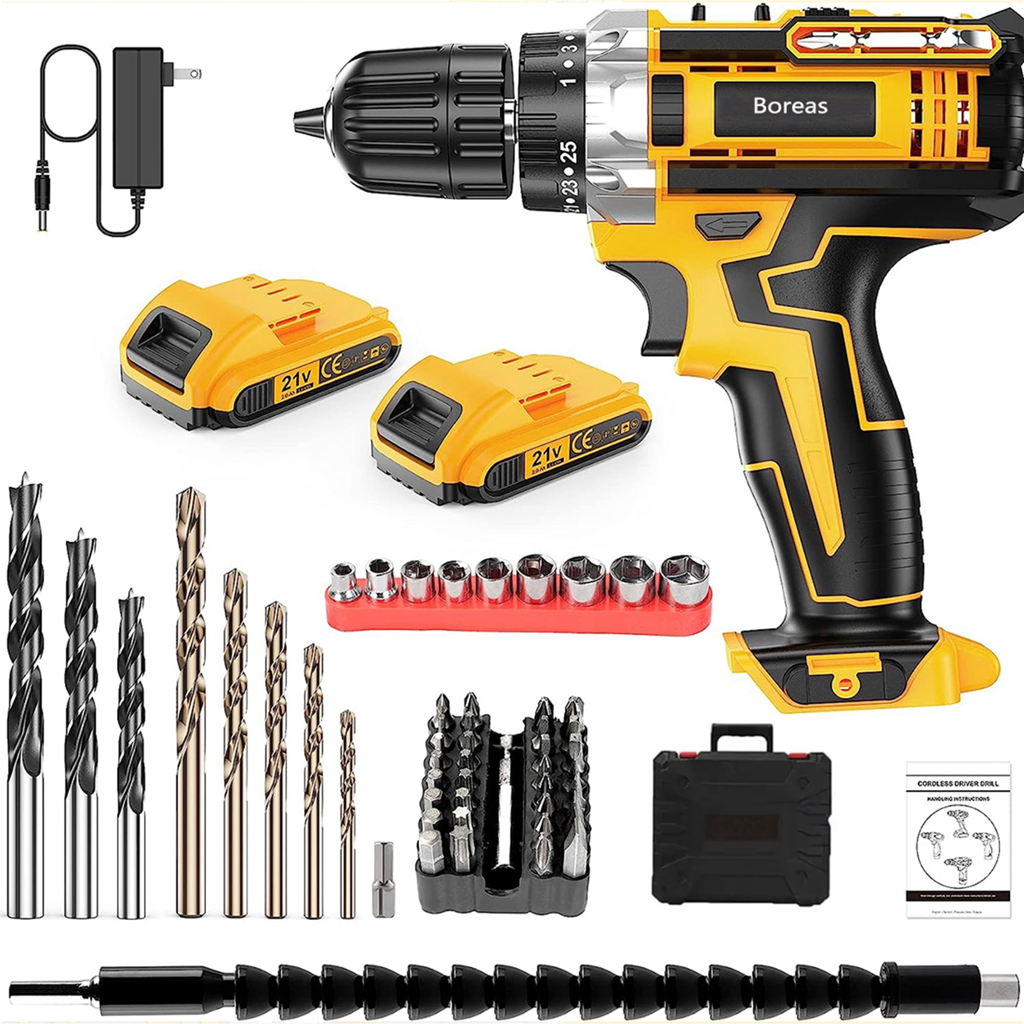 Boreas 21V Cordless Drill, 59Pcs Power Drill Set with 3/8 Inch Keyless Chuck, 25 1 Clutch Electric Drill with Work Light, Max torque 45Nm, 2-Variable Speed & 2 Battery and Fast Charger