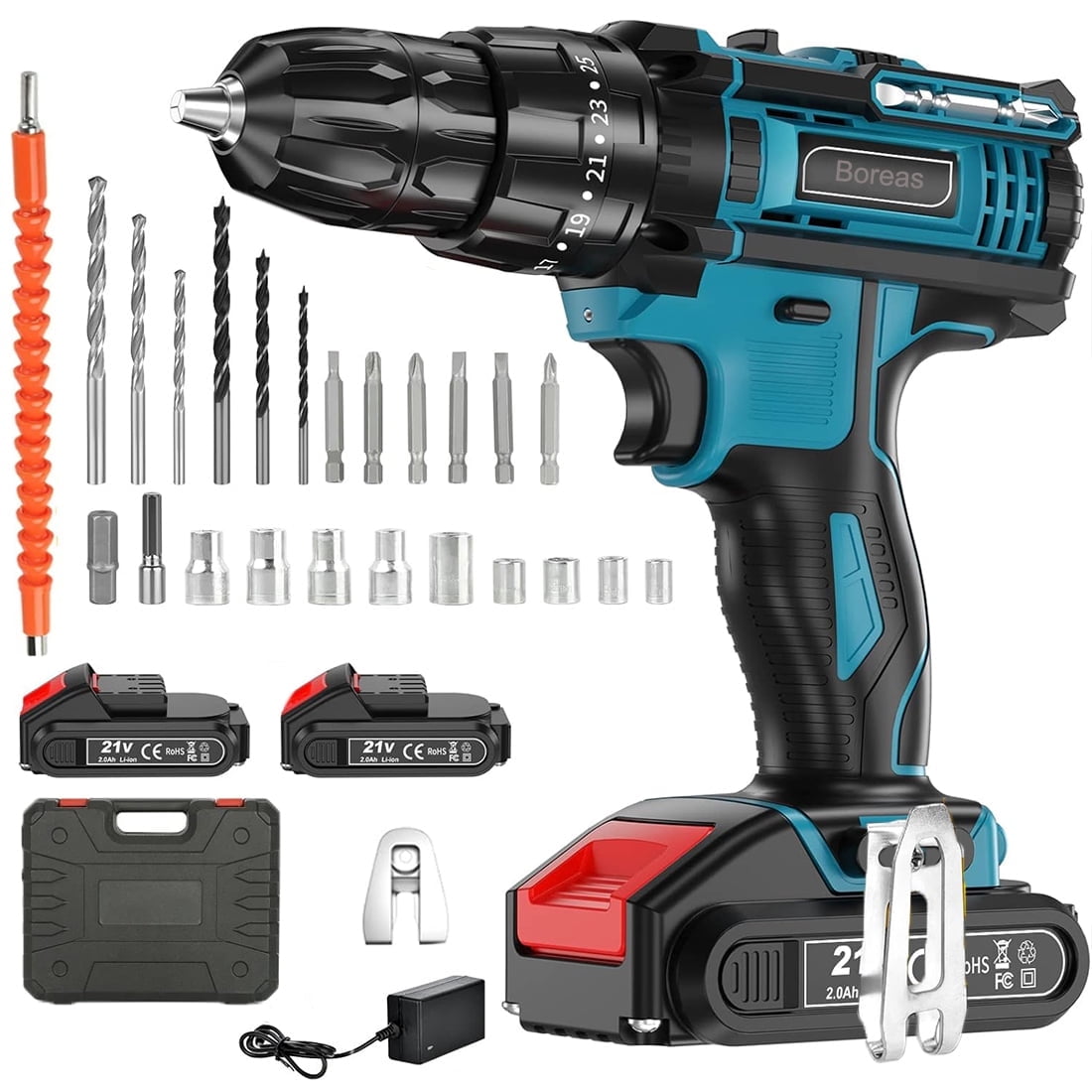 Boreas 21V Cordless Power Drill Set, Power Drill Driver Kit with 2 Lithium-ion Battery and Charger, 3/8-Inch Keyless Chuck, 2 Variable Speed, 25+3 Position and 25pcs Drill/Driver Bits