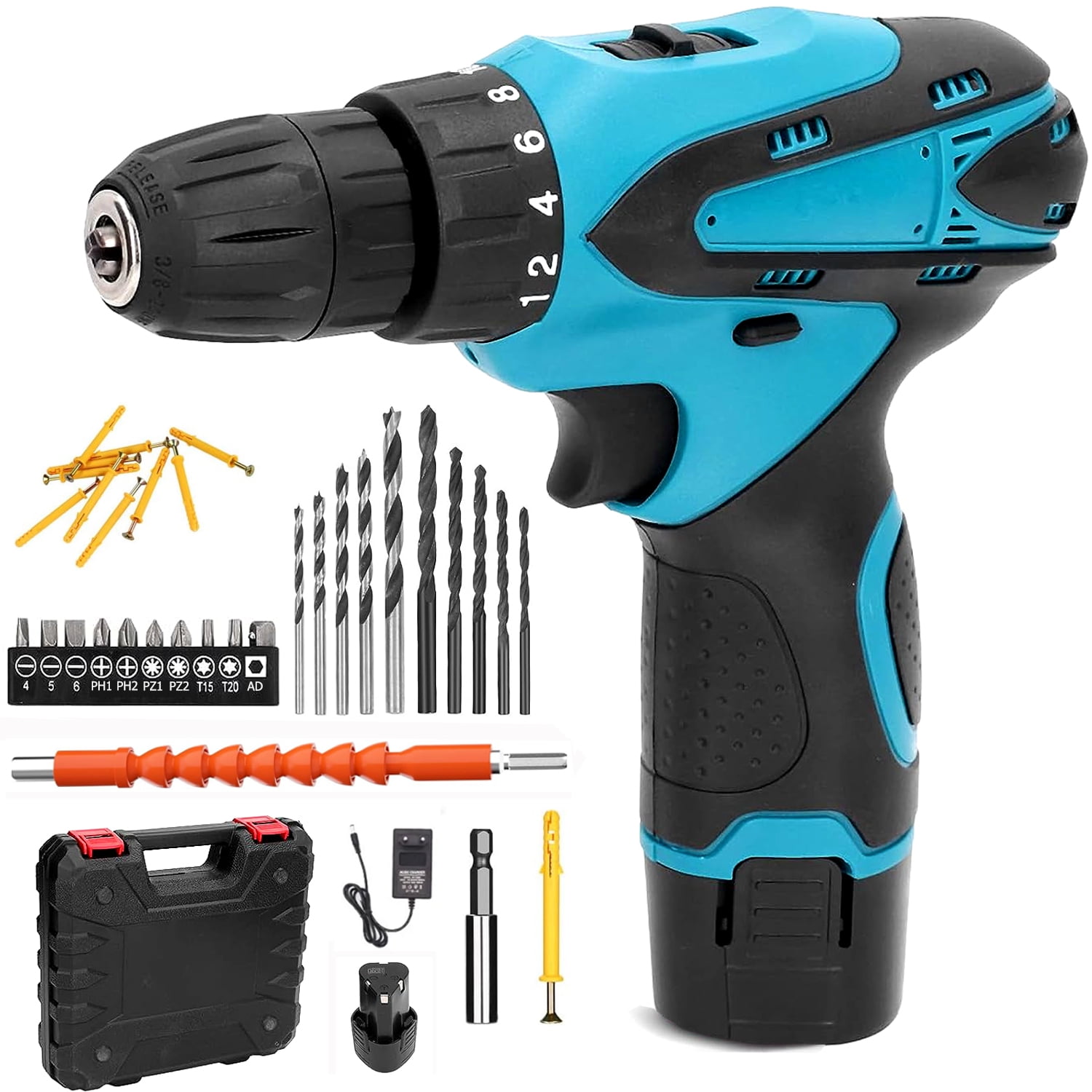 Boreas Cordless Drill Set, 12V Electric Drill Driver with 42 Acessories, Home Power Drill Cordless with 3/8" Keyless Chuck, 2 Speed, 18+1 Position, Built-in LED, Clutch Drill for Home DIY Projects