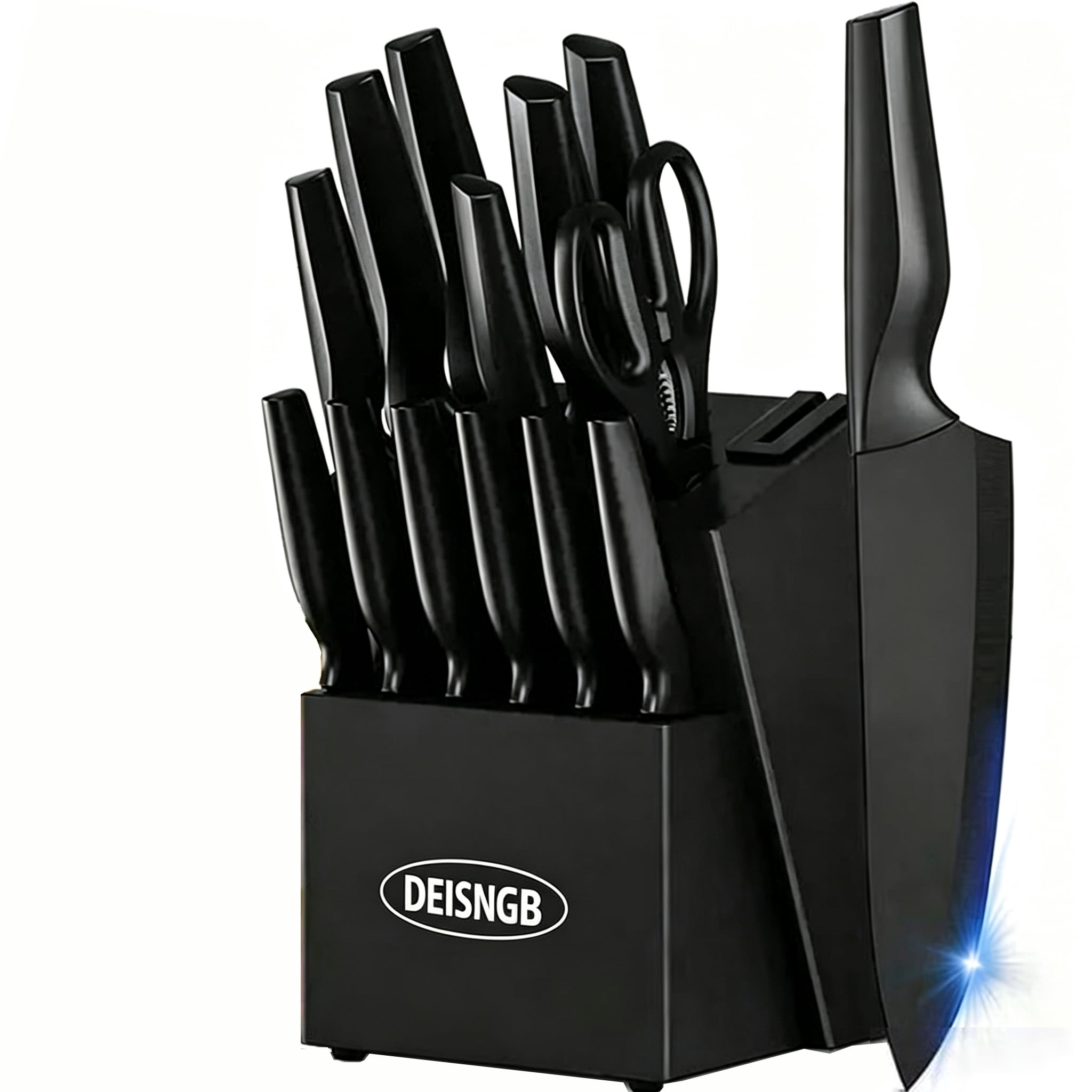 DEISNGB Knife Set, 15PCS German Stainless Steel Kitchen knife Block Set, Knives Set for Kitchen with Built-in Sharpener, Black