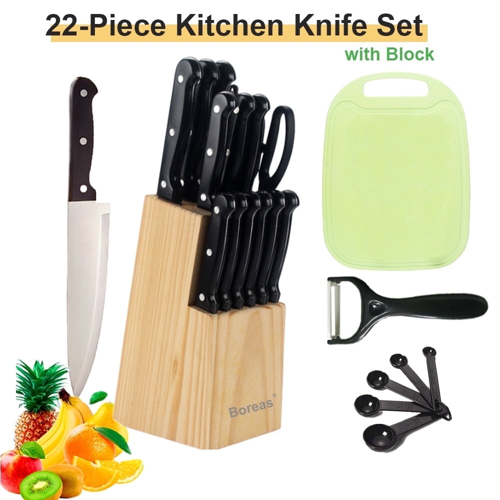 Boreas Knife Set,22PCS German Stainless Steel Kitchen knife Block Set, Knives Set for Kitchen with Built-in Sharpener, Black