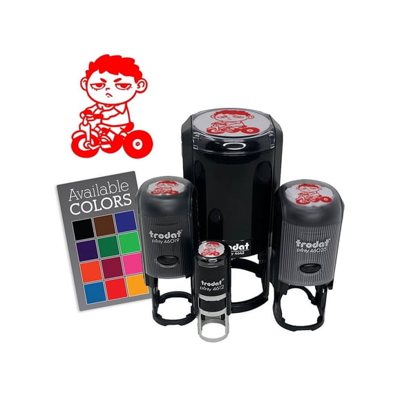 Bored Child Kid Boy On Tricycle Self-Inking Rubber Stamp Ink Stamper for Stamping Crafting Planners - 1/2 Inch Mini - Fuchsia Ink