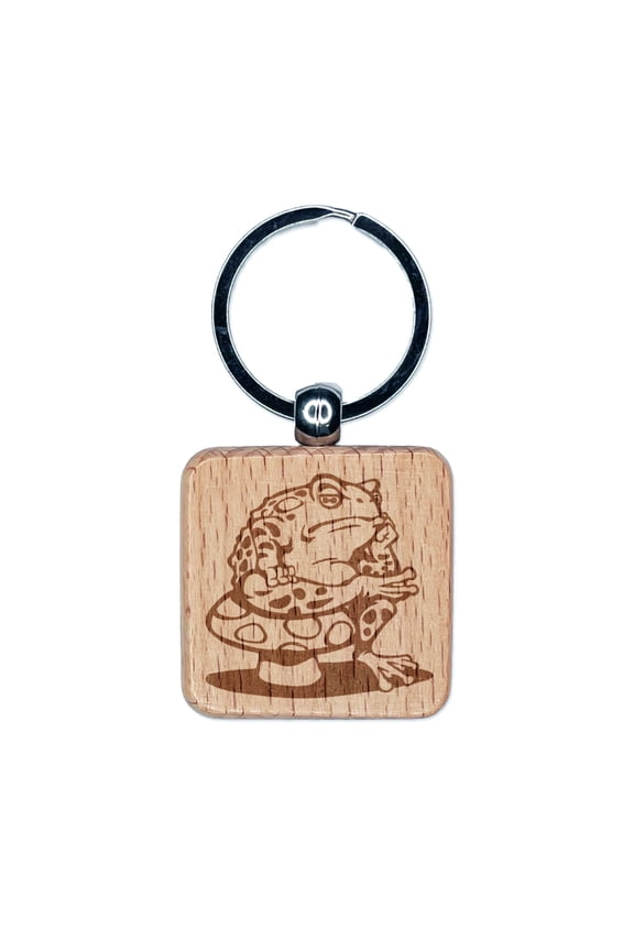 Bored Toad Frog on Toadstool Mushroom Square Keychain Charm Tag - Engraved Wood
