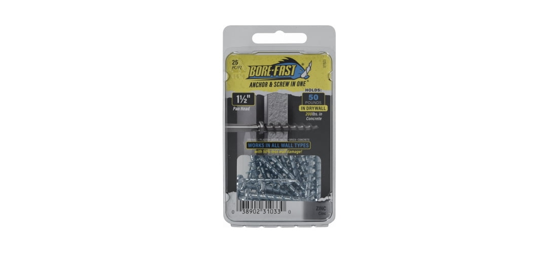 Borefast 5037080 0.18 x 1.5 in. Steel Pan Head Screw & Anchor, Silver - 25 Piece - Pack of 5