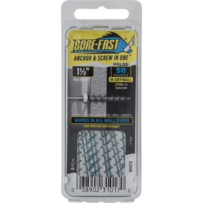 Borefast 5037081 0.18 x 1.5 in. Steel Pan Head Screw & Anchor, White - 6 Piece - Pack of 10