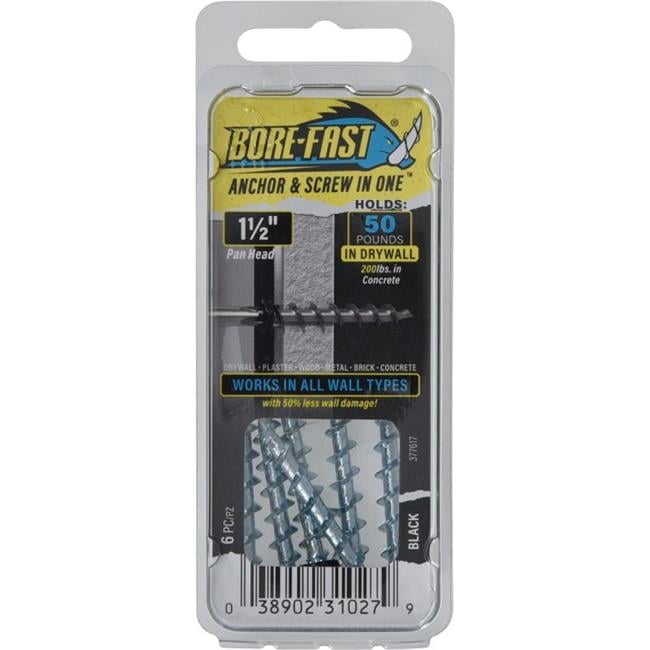 Borefast 5037083 0.18 x 1.5 in. Steel Pan Head Screw & Anchor, Black - 6 Piece - Pack of 10