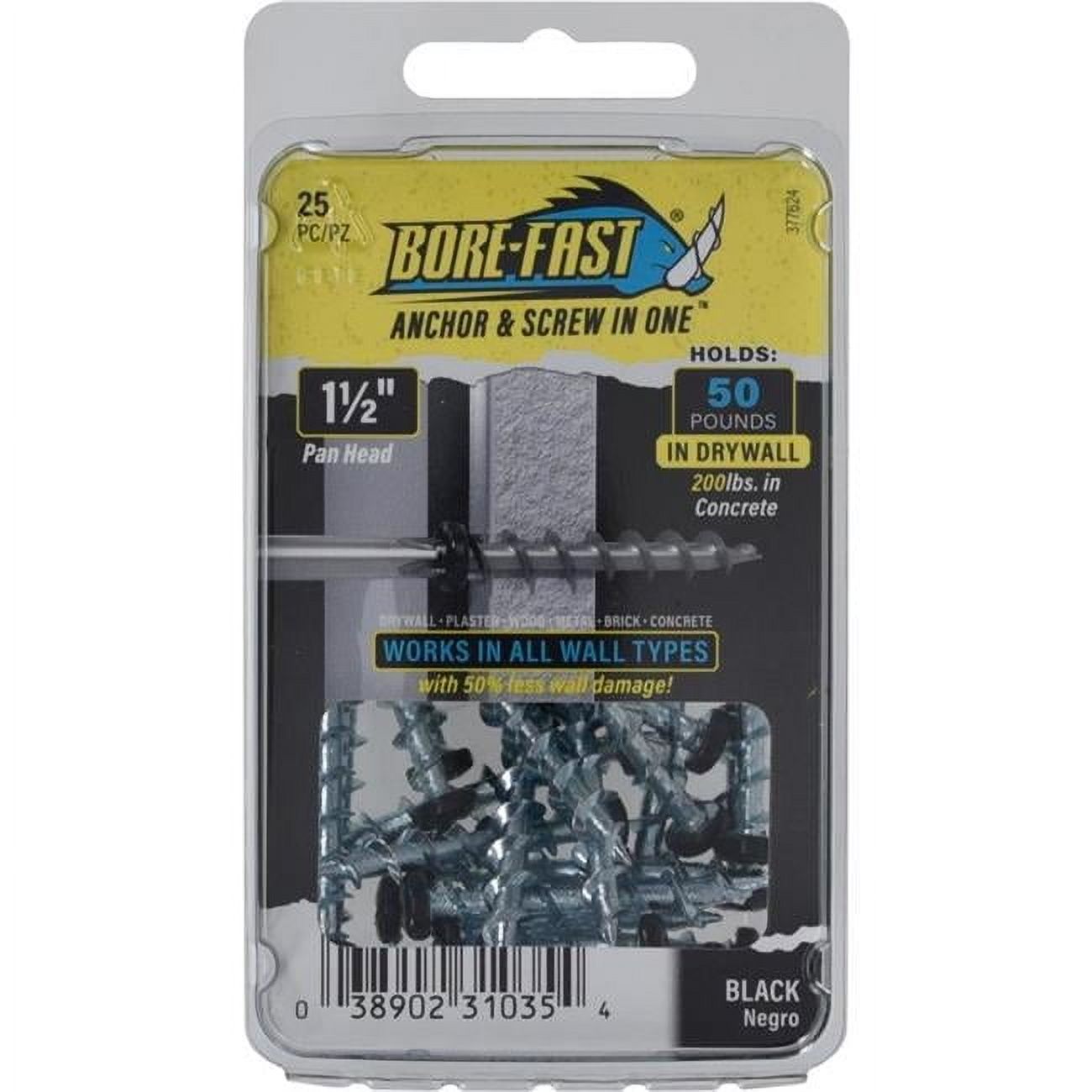 Borefast 5037084 0.18 x 1.5 in. Steel Pan Head Screw & Anchor, Black - 25 Piece - Pack of 5