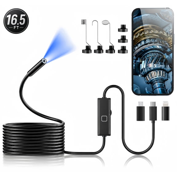 Borescope Camera with Light, 1920P HD Inspection Camera with 8 Adjustable LED Lights, IP67 Waterproof Bendable Semi-Rigid Snake Camera for iOS & Android, 16.5ft Single Lens Endoscope