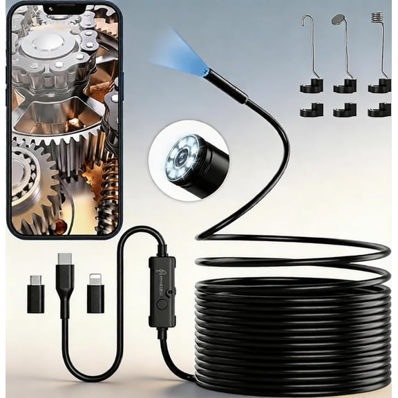 Borescope Inspection Camera, Car Inspection Snake Camera with 8 Adjustable LED Lights, IP67 Waterproof Probe, PlugandPlay Camera for Auto Repair, Drain Pipe and Aquarium Underwater Viewing