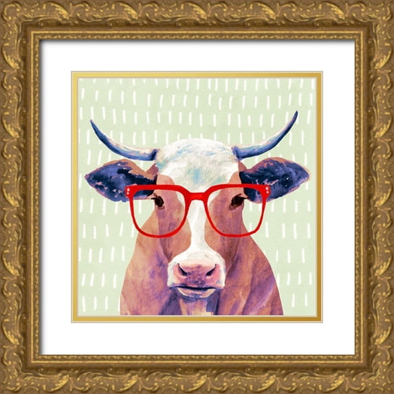 Borges, Victoria 20x20 Gold Ornate Wood Framed with Double Matting Museum Art Print Titled - Bespectacled Bovine I