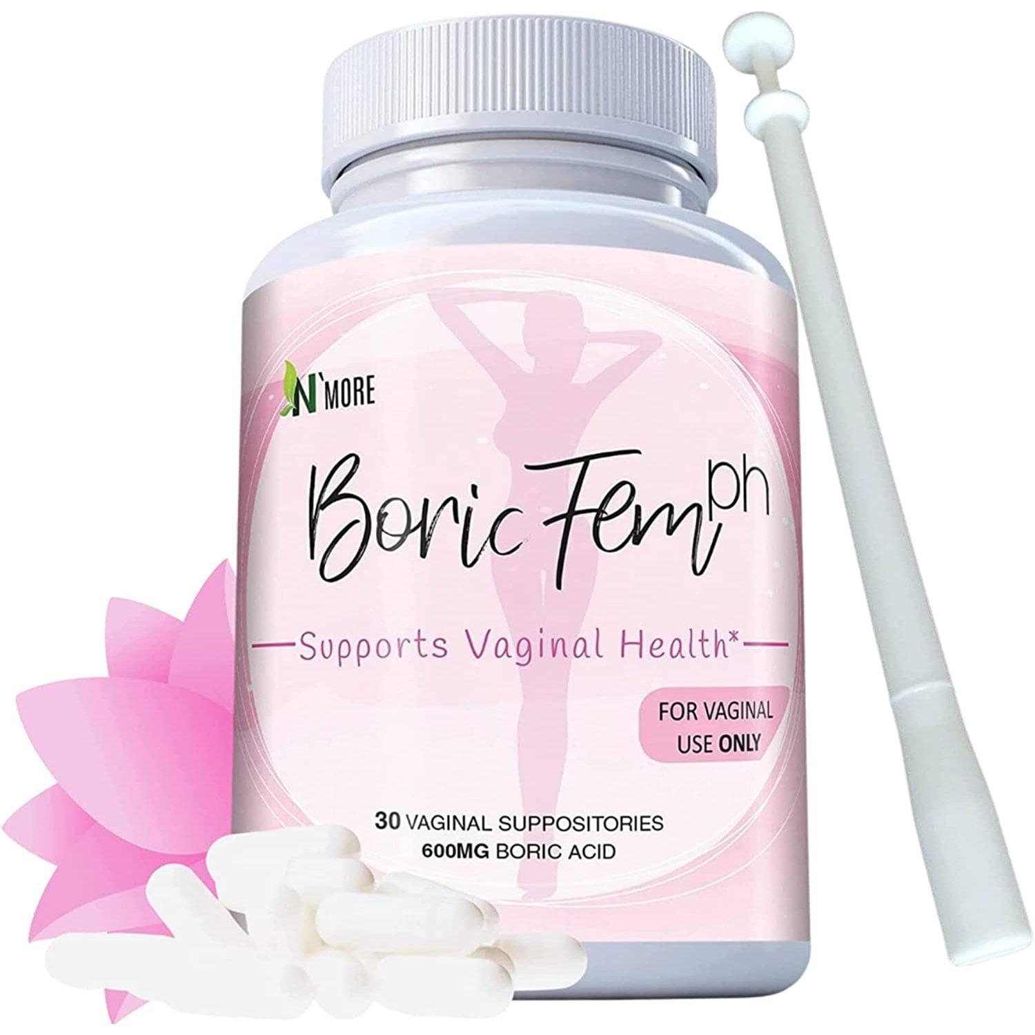 Boric Acid Vaginal Suppositories - 30 Count, 600mg - 100 Pure Made in - Boricfem Support Vaginal Health (1 Bottle (30 Capsules)), 30 Count (Pack of 1)