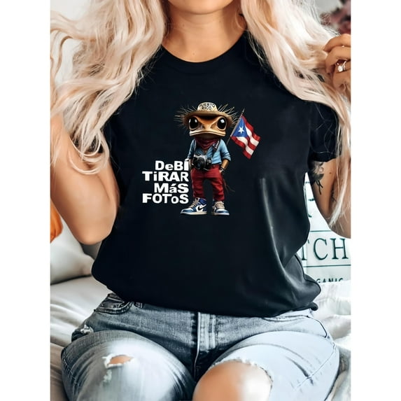 T - shirt with a cartoon frog character, Puerto Rico flag, and “DeBi TiRAR Más FOToS” text, a fun Puerto Rico - themed wear