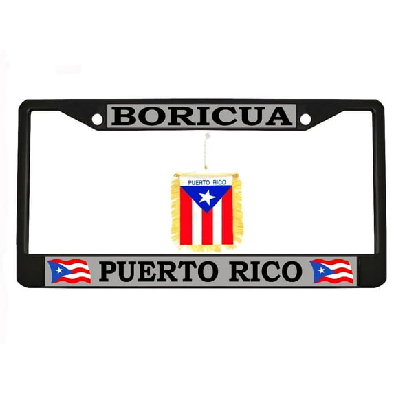 Boricua Puerto Rico Chrome Metal Auto License Plate Frame Car Tag Holder with car Banner Flag