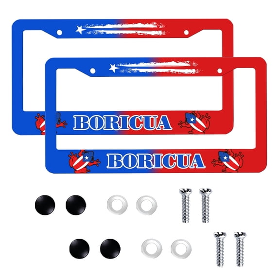 Boricua Puerto Rico Frog Aluminum License Plate Frame, Patriotic US Car Tag Holder with Mounting Hardware 2 Pack