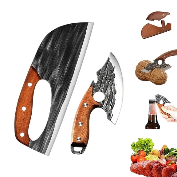 Borikise Hand Forged Kitchen Knife, 2026 New 2Pcs Cleaver Set with Protective Leather Sheath for Outdoor Camping and BBQ Party