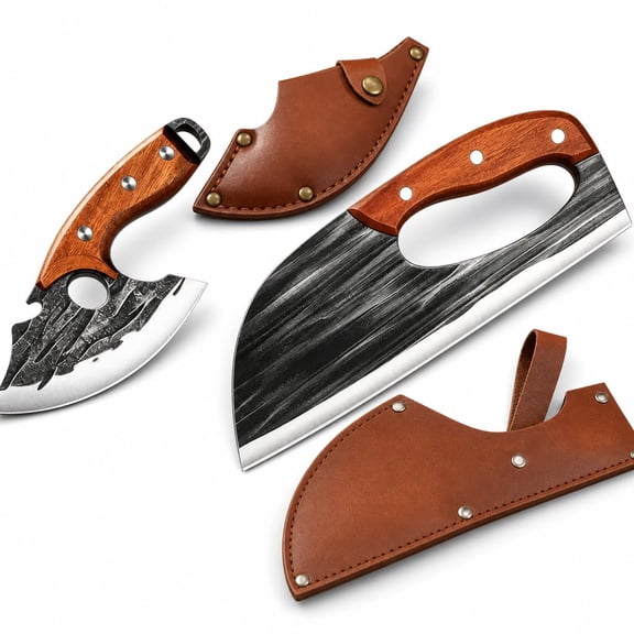 Borikise Hand Forged Kitchen Knife, Premium 2-Piece Cleaver Set with Sharp V-Shaped Edge Blades for Slicing Meat and Vegetables