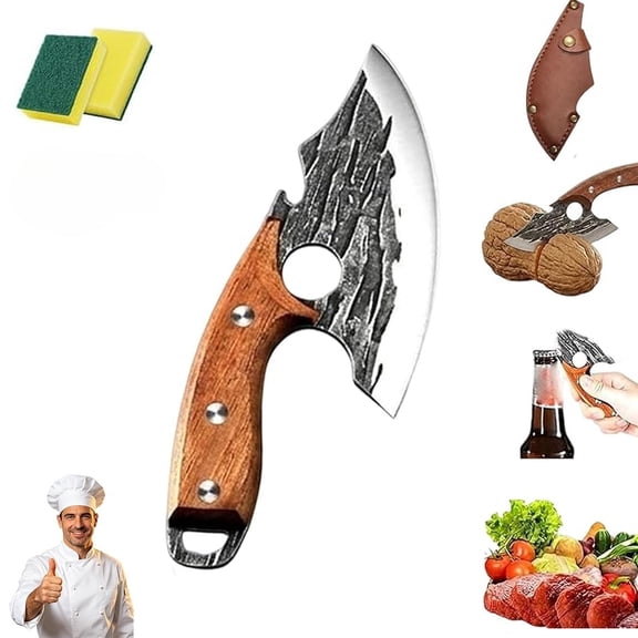 Borikise Hand Forged Kitchen Knife, Premium Cleaver Set with Sharp Slicing Blade and Comfort Wood Grip for Cutting Frozen Meat