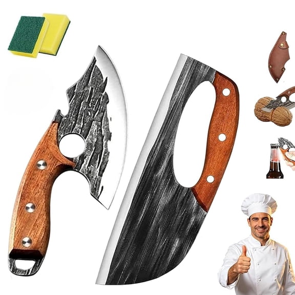 Borikise Hand Forged Kitchen Knife, Premium Cleaver Set with Sharp Slicing Blade and Comfort Wood Grip for Cutting Frozen Meat
