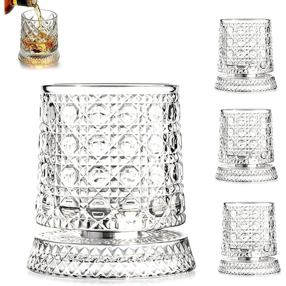 Borikise Spinning Whiskey Glasses 1/4 PCS 9.5oz Lead-Free Old Fashioned Rocks Glassware for Bourbon Scotch Tasting