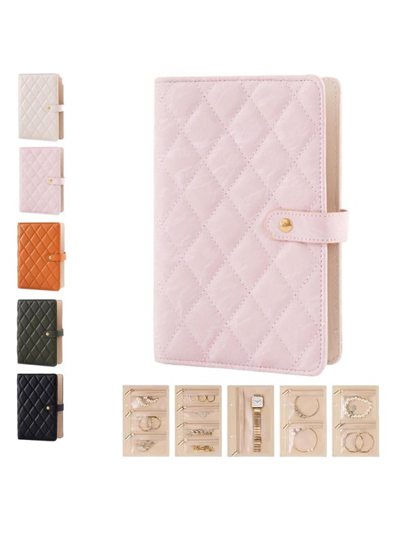 Travel Jewelry Notebook, 5 Detachable Pages Bag with Zipper Velvet Pouches & Clear Pockets for Rings Earrings