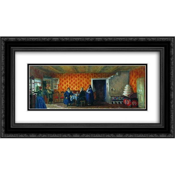 Boris Kustodiev 2x Matted 24x14 Black Ornate Framed Art Print 'Room in the house of Prokofy Pazukhin'