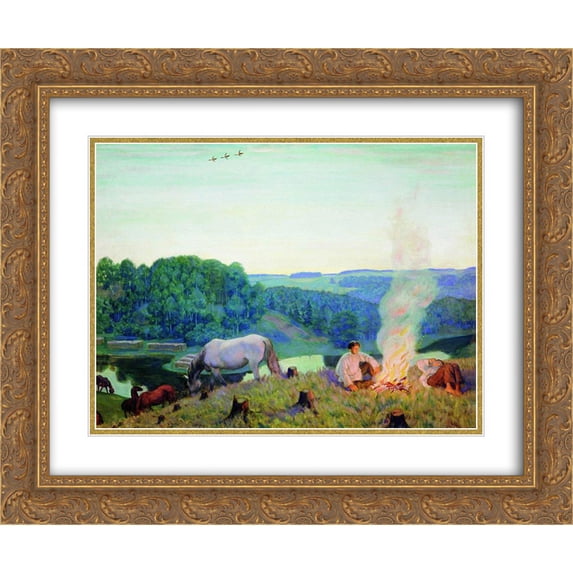Boris Kustodiev 2x Matted 24x20 Gold Ornate Framed Art Print 'Fireplace (Night)'