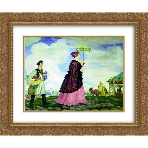 Boris Kustodiev 2x Matted 24x20 Gold Ornate Framed Art Print 'Mercahnt's Wife with Purchases'