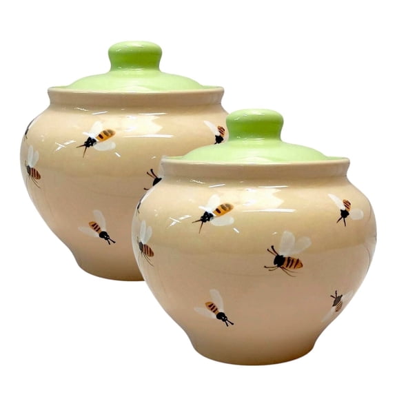 Borisovskaya Keramika Bee Clay Baking Pot with Lid Set of 2 pcs 28.7 fl oz (850 ml) Hand-Painted and Handmade Ramekin Red Clay Bean Pot Stoneware Cookware, Black