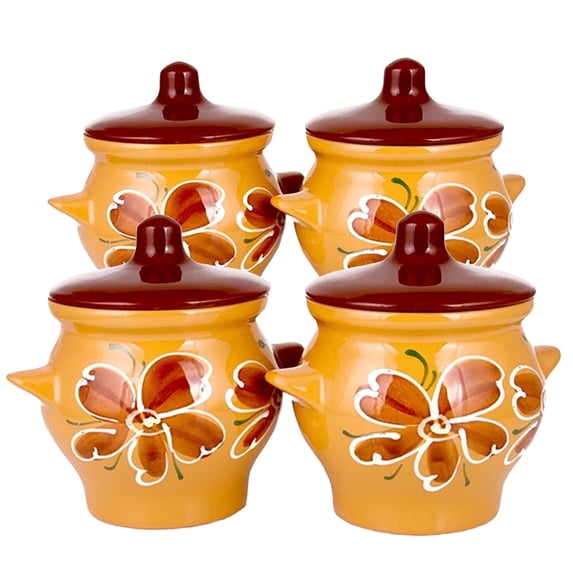 Borisovskaya Keramika Clay Baking Pot with Lid Set of 4 pcs 22 fl oz (650 ml) Ramekin with Lid Handmade Oven Cooking Pots Natural Red Clay Pot Clay Cookware Stoneware Bean Pots, Beige
