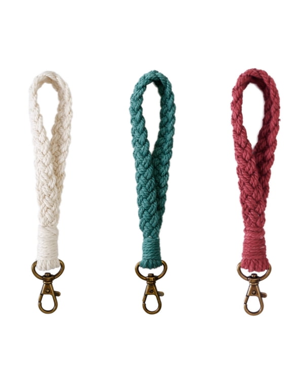 3 Pcs Boho Macrame Keychain Bracelet Handmade Wristlet Keychain Keyring Holder Wrist Lanyard for Women (White + Dark Green + Red)