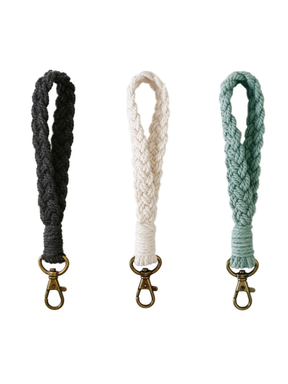 3 Pcs Soft Macrame Keychain Boho Handmade Wristlet Bracelet Keychain Country Style Wrist Lanyard Handmade Holder for Women (White + Light Green + Black)