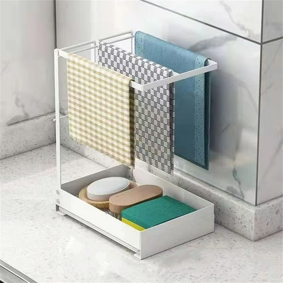 Boriyuan Sink Organiser Sink Caddy Organiser Metal Basket for Kitchen Bathroom with Drain Pan, Worktop Dual-Use Sponge Brush Soap Dish Holder White