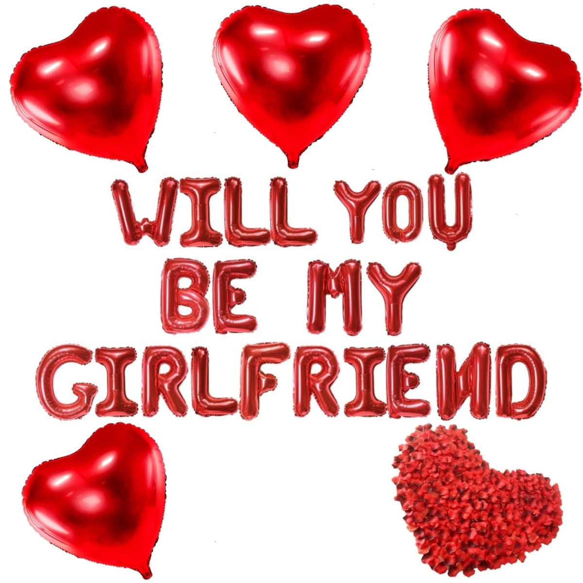 Boriyuan Will You Be My Girlfriend Balloons Set - 16'' Balloon Letters, 18'' Heart Shaped Balloons with 500 Pcs Artificial Rose Petals for Valentine Day Wedding Party Romantic Decorations (Red)