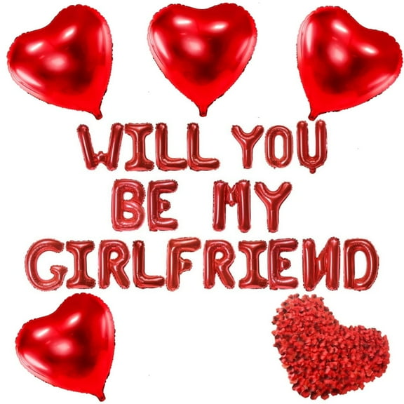 Boriyuan Will You Be My Girlfriend Balloons Set - 16'' Balloon Letters, 18'' Heart Shaped Balloons with 500 Pcs Artificial Rose Petals for Valentine Day Wedding Party Romantic Decorations (Red)