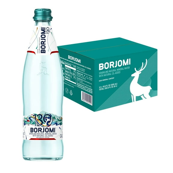 Borjomi Sparkling Natural Mineral Water with Natural CO2 Added, 16.9 fl oz. (12 pack) Glass