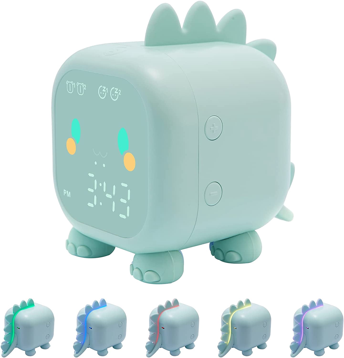 Rechargeable Dinosaur Alarm Clock For Kids With Night Light - Digital Clock, Sunrise Simulation, Voice Time Telling (Green)
