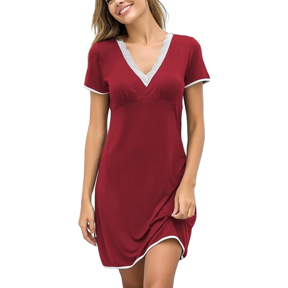 Borke Night Shirts Women Nightgowns Sexy Sleep Shirts Lace Trim V Neck Short Sleeve Night Sleepwear Soft Nightshirt S-XXL