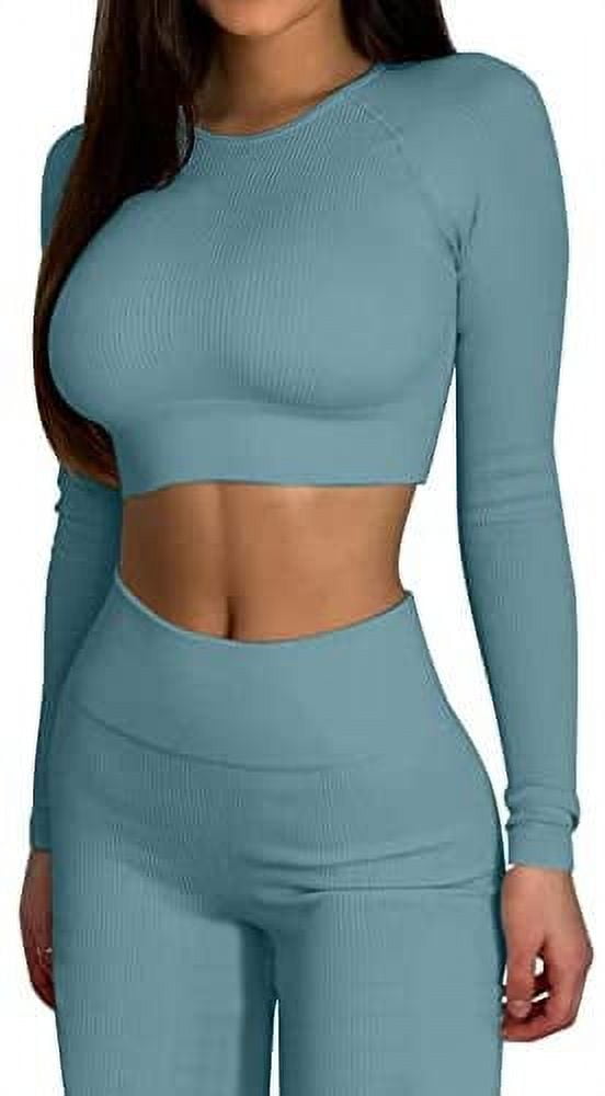 Merfrede Women Sexy 2 Piece Ribbed Workout Sets Seamless High Waist Gym  Outfit Solid Color Long Sleeve Crop Top Stretchy Leggings