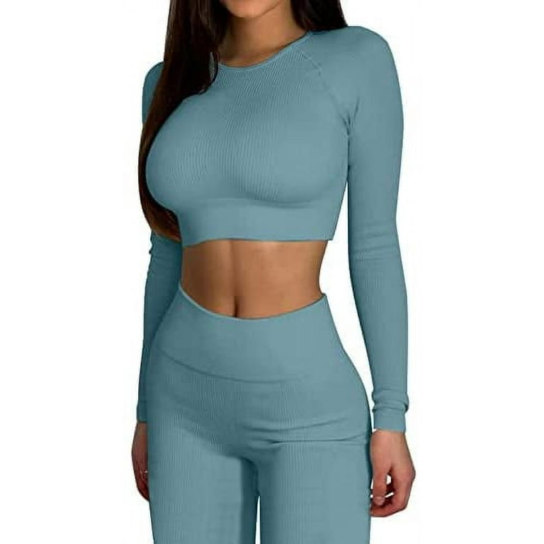Borke Seamless Workout Outfits for Women 2 Piece Ribbed Long Sleeve Crop  Top Tummy Control Leggings Sets 