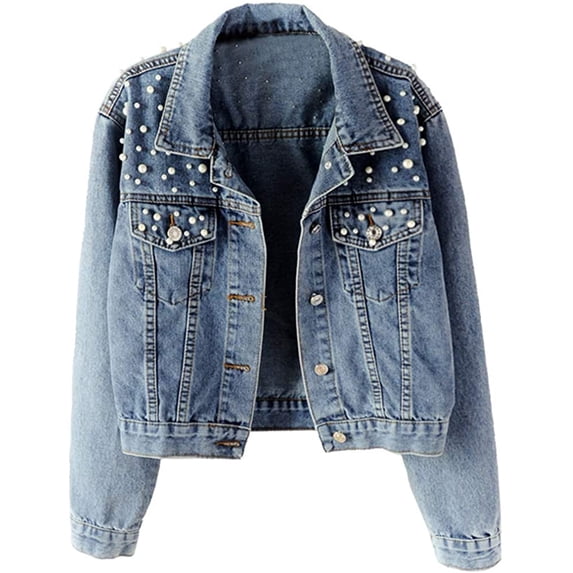 Borke Women Oversized Denim Jacket Embroidered Pearls Beading Jeans Coat