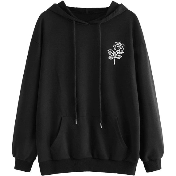 Borke Women's Casual Rose Print Long Sleeve Pullover Hoodie Sweatshirt Tops