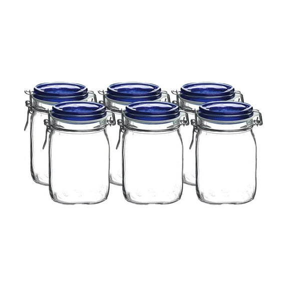 Bormioli Rocco Fido Swing Top Canning Jars with Blue Lid (Set of 6) | 33.75oz (1L)