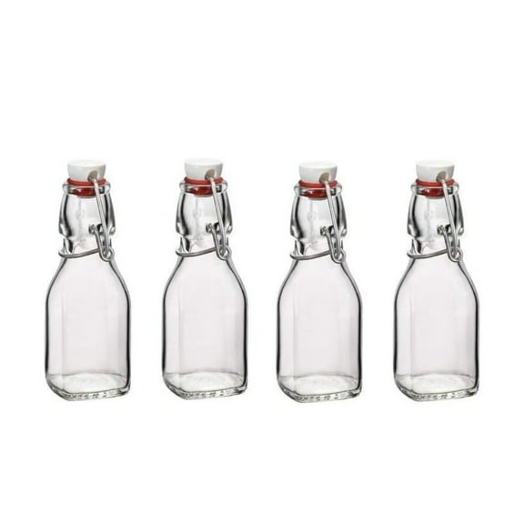 Bormioli Rocco 4.25 Oz Square Swing Top Bottles (Set of 4) - Leakproof & Airtight Storage Jars with Clamp Lids, Clear Reusable Bottles, Glass Drink Containers Great for Juices, Dishwasher Safe