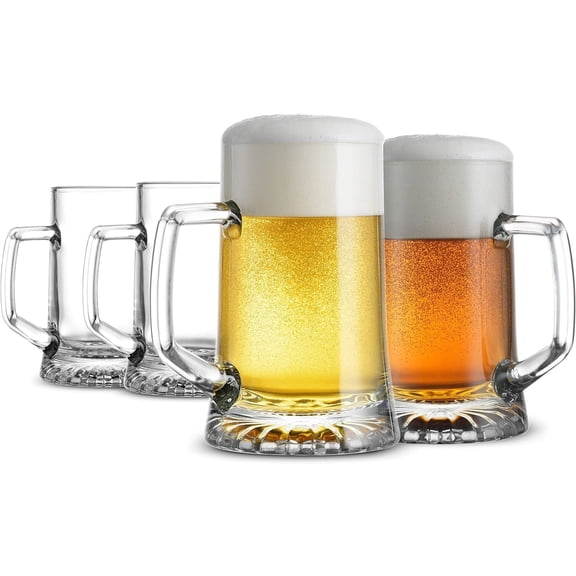 Bormioli Rocco 4-Pack Solid Heavy Large Beer Glasses with Handle - 17.1/4 Ounce Glass Steins, Traditional Beer Mug glasses Set, Perfect Coffee - Tea Glass, Everyday Drinking Glasses, Cocktail Glasses